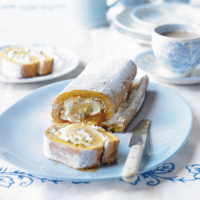 Caramel swiss roll with passionfruit cream