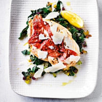 Chicken saltimbocca with anchovy greens