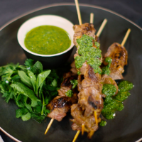 Lamb skewers with Basil and Mint dressing