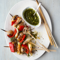 Jersey Royal, halloumi and red pepper skewers with pesto