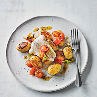 Plaice with anchovy potatoes & cherry tomatoes