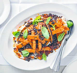 Sticky harissa carrots with mint, ricotta and lentils