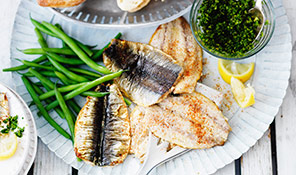 Grilled Cornish sardines with green salsa
