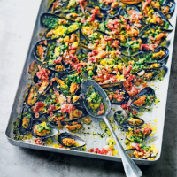 Baked mussels with  bacon & herb butter