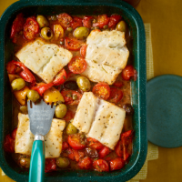 Roast cod & tomato traybake with capers, peppers & olives