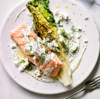 Grilled salmon & romaine lettuce  with dill & feta dressing