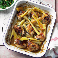 Honey and mustard glazed chicken thighs with chunky parsnips