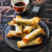 Mixed veg spring rolls with fiery dipping sauce