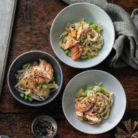 Miso-glazed salmon with udon noodles