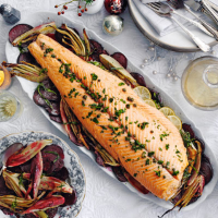 Oven-poached salmon with fennel and beetroot