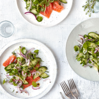 Quick-pickled cucumber, dill and mustard seed salad with smoked salmon