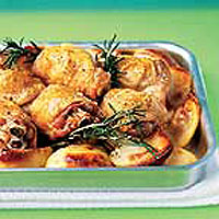 Roast chicken thighs and potatoes with lemon and rosemary