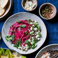 Roast beetroot houmous with feta and pumpkin seeds