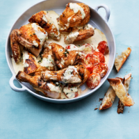 roast spatchcocked chicken, baked tomatoes and mustard 