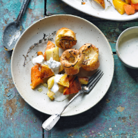 Roasted root veg with horseradish sauce and baby onion yorkshires