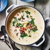 Smoked haddock & sweetcorn chowder with bacon & butter beans