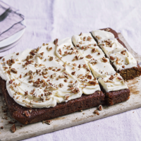 Spiced beetroot traybake with cream cheese frosting and pecans