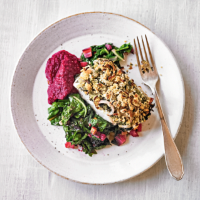 Spice-crusted cod with beetroot & chard
