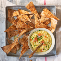 Tortilla triangles with sweetcorn and jalapeno dip