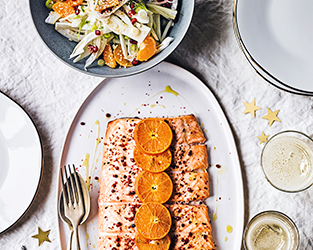 Clementine & Cointreau baked salmon with fennel, clementine & ginger salad