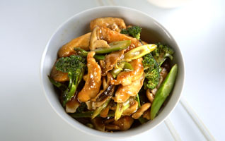 Delia's Chinese stir-fried chicken with shiitake mushrooms and sprouting broccoli