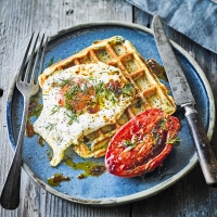 Spinach waffles with eggs & smoky slow-roast tomatoes
