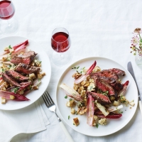 Steak, roast celeriac and chicory salad with roquefort 