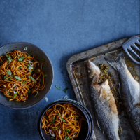 Andrew Wong's Yunnan lemongrass sea bass with garlic and soy noodles
