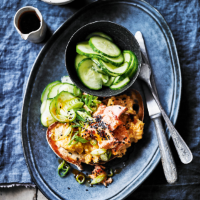 Asian-style scrambled eggs with hot  smoked salmon & pickled cucumber