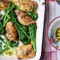 Baked chicken thighs and tenderstem broccoli