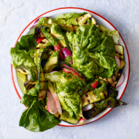 Baby gem, courgette and avocado salad with grilled salad onion dressing