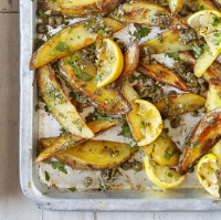 Baked potato wedges with anchovy, caper and garlic butter 