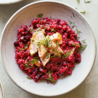 Beetroot risotto with hot smoked salmon