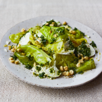 Braised cabbage with goats’ cheese, hazelnuts and parsley oil