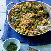 Chicken, aubergine and pea pilaf