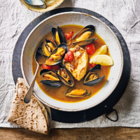 Coconut & tomato poached cod with mussels