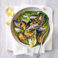Coconut curry mussels with pak choi