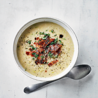 Cannellini bean soup with maple-glazed pancetta