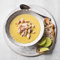 Crab-topped coconut & lime corn chowder