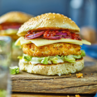 Crispy baked tofu burgers with cheese & spicy salsa