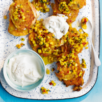 Carrot & feta cakes with sweetcorn relish