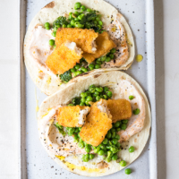 Fish finger tacos with pea & mint salsa