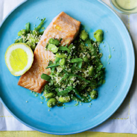 Grilled salmon with broad bean, mange tout and mint couscous