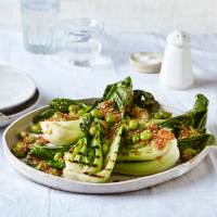 Griddled pak choi with soya beans and toasted sesame butter