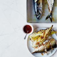 Grilled mackerel and charred cabbage with pink peppercorns