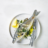 Grilled sea bass with lemon, garlic & olive oil