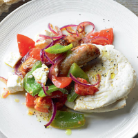 Hot feta salad with sausages
