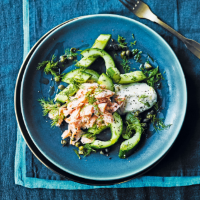Hot-smoked salmon with quick-pickled cucumber & horseradish crème fraîche