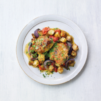 Herby chicken roast with peppers & almond pesto