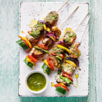 Lamb skewers with mint pesto